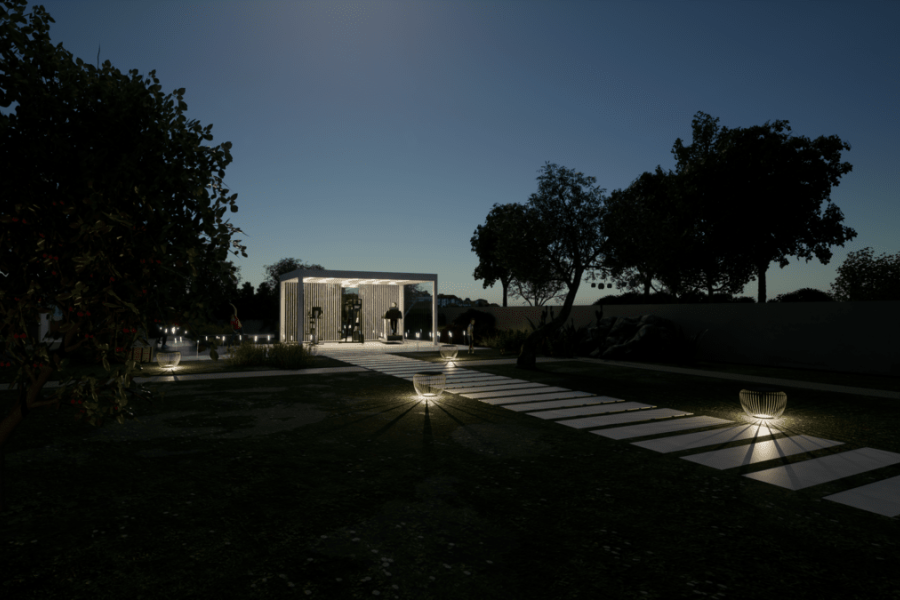 Architecture HoHo Exterior night view of a garden in a villa in Thimari