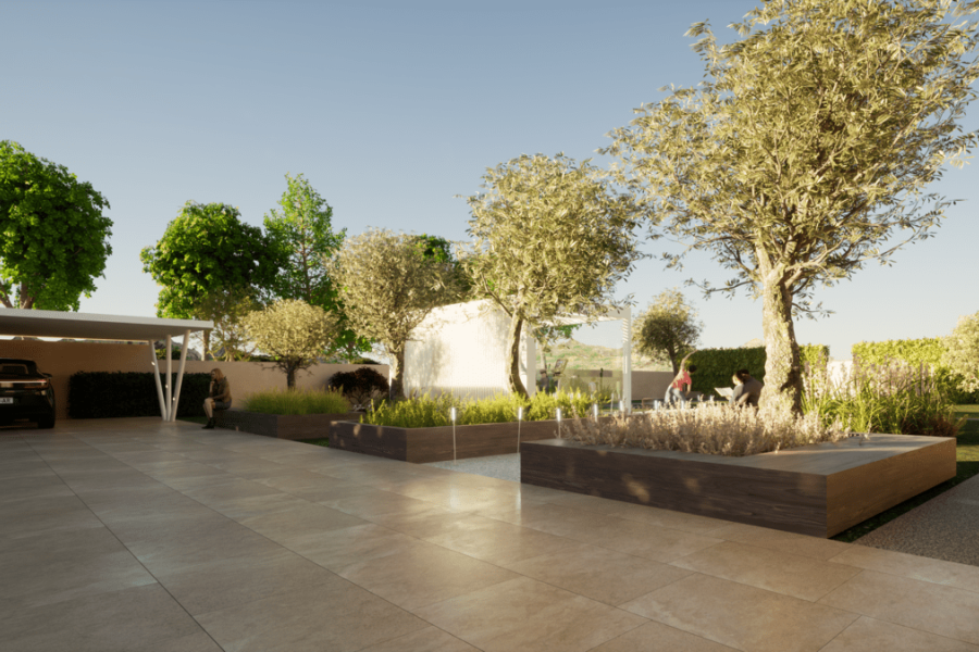Architecture HoHo exterior showcase of a parking lot next to a garden in a villa in Thimari