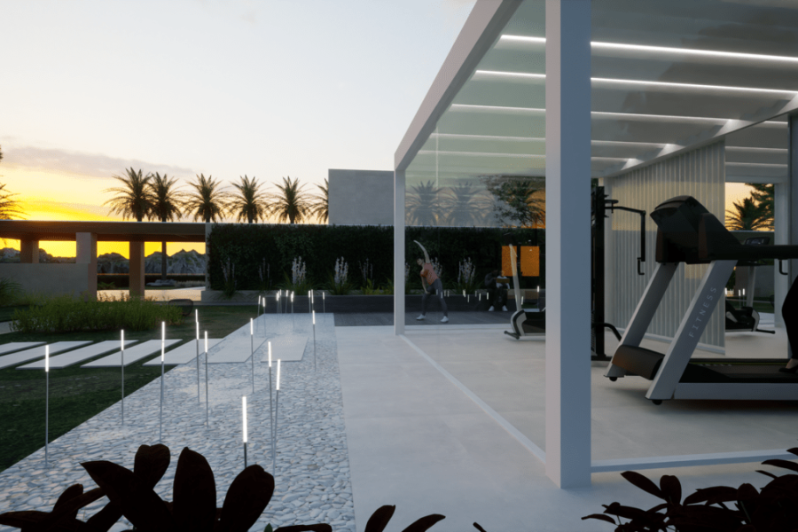 Architecture HoHo exterior showcase of an outdoor gym in a villa in Thimari