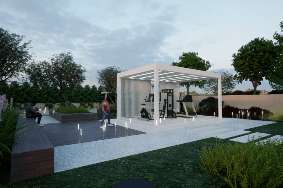 Architecture HoHo exterior showcase of an outdoor gym in a villa with a sea view in thimari