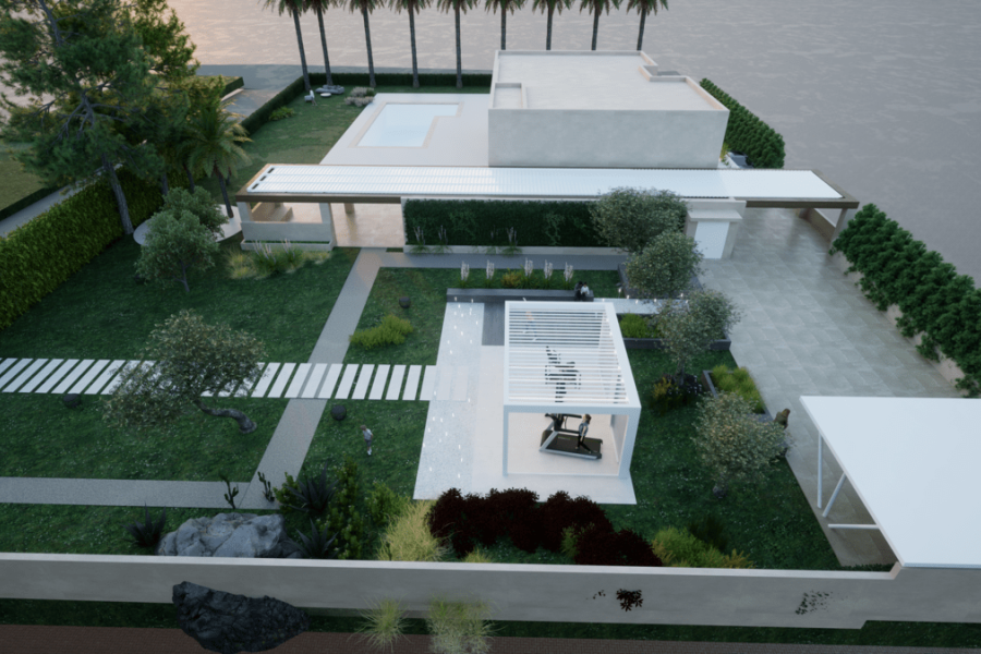 Architecture HoHo top view of a villa in Thimari with a sea view